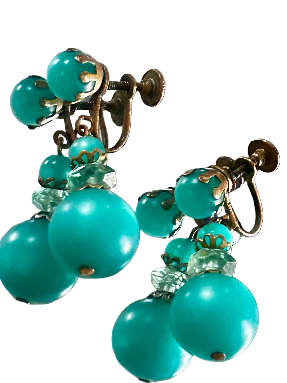 Vintage Aqua Turquoise Green Moonglow Drop Dangle Earrings